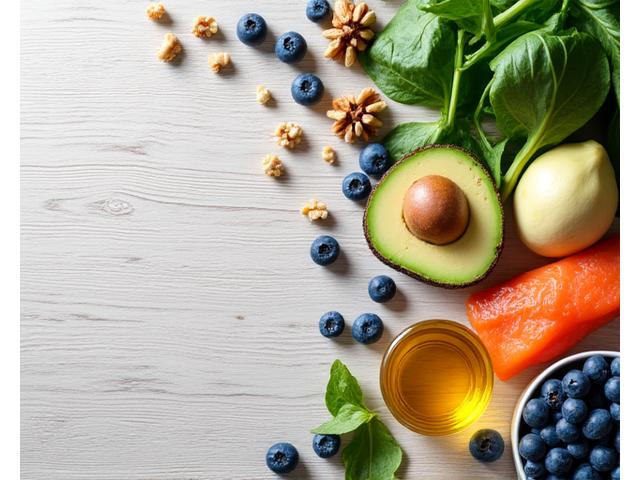 Vibrant, fresh brain-healthy ingredients like avocados, berries, nuts, and leafy greens arranged artistically on a light wooden table.