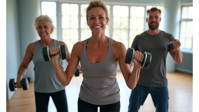 A diverse group of adults in their 40s and 50s performing light resistance training with dumbbells in a modern, well-lit gym.
