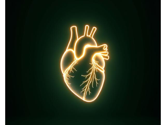 Detailed anatomical heart made of light and subtle lines on a dark blue-green (primaryDark) background, symbolizing health and precision.