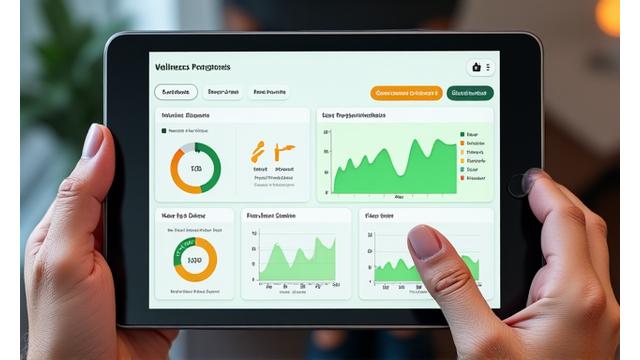 Dashboard view on a tablet showing men's wellness progress tracking with graphs and key metrics, clean and modern UI.