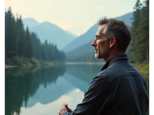 Man calmly meditating in a serene, natural environment, suggesting mental clarity and peace, with soft, ambient lighting.