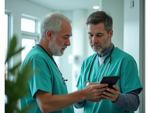 Close-up of a doctor and patient reviewing a digital health chart on a tablet, symbolizing preventive care discussion, clean medical setting.