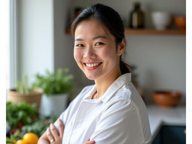 Instructor Olivia Chen, a nutritionist, smiling confidently in a modern kitchen setting, holding a bowl of fresh fruit.
