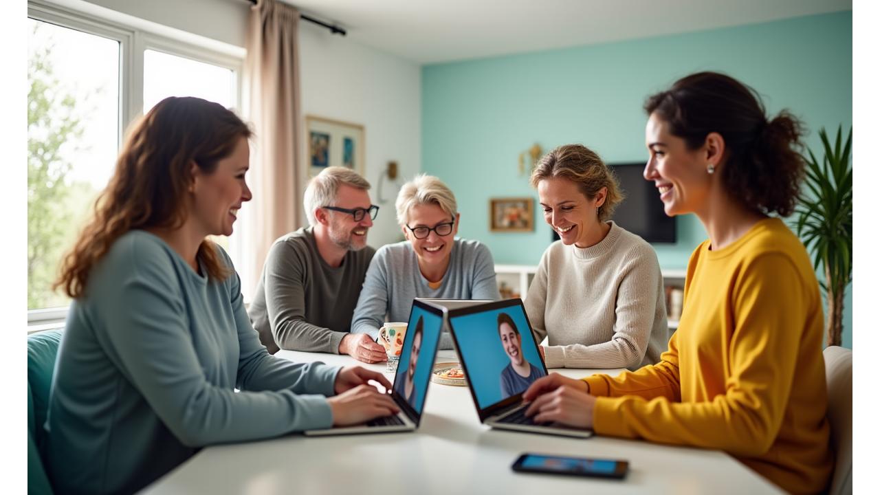 Diverse group of adults engaged in a virtual wellness workshop on their laptops, smiling, in bright, modern home settings.