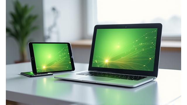 Multiple digital devices (laptop, tablet, smartphone) displaying the Veritas Bloom workshop interface, connected with subtle lines, symbolizing seamless access and connectivity.